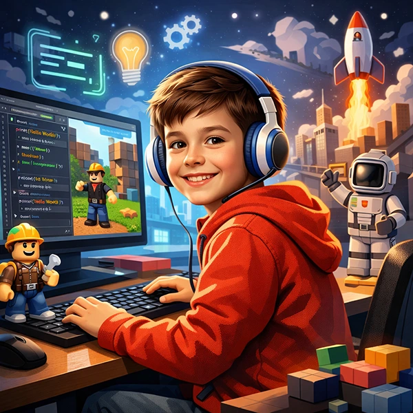 criança pode aprender programação menino programando no mundo roblox