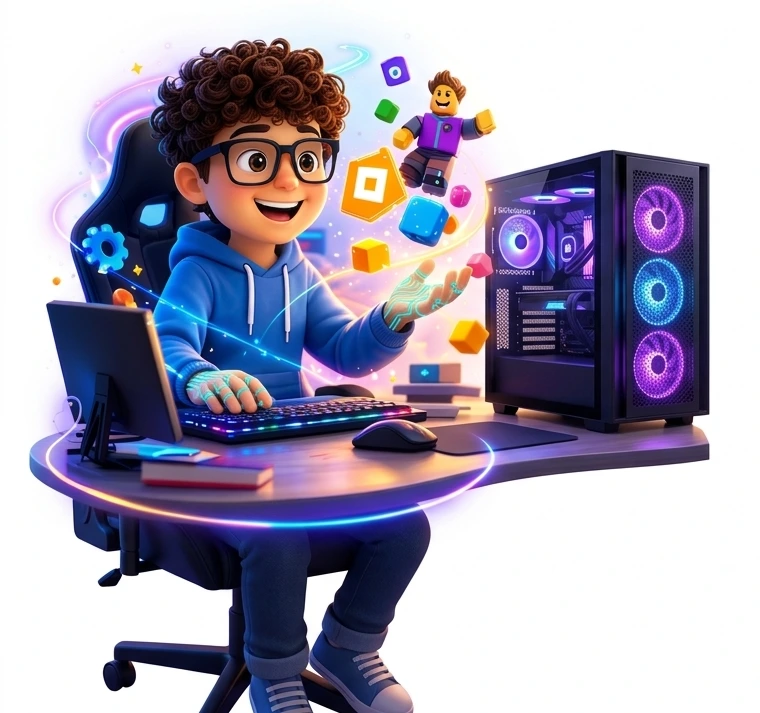 Menino gamer aprendendo Roblox