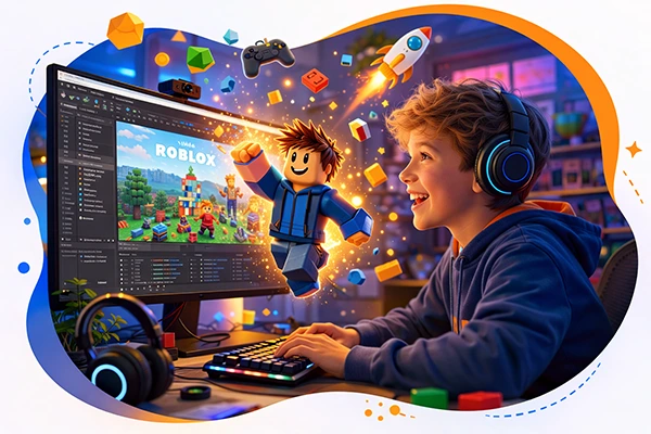 Criança aprendendo programação com Roblox Studio