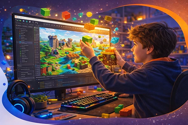 Criança aprendendo programação criando jogos no Roblox