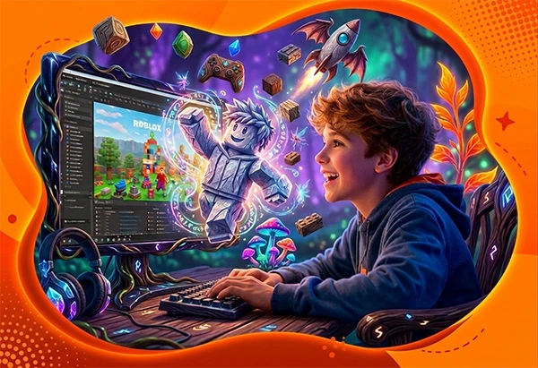 Criança aprendendo programação criando jogos no Roblox Studio