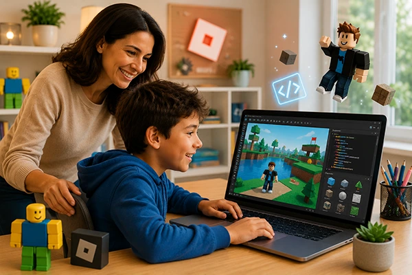 Mãe observando o filho aprendendo programação e criando jogos no Roblox