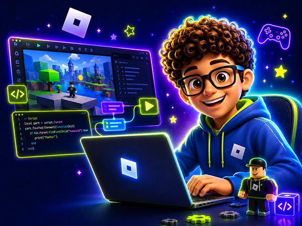 Aluno no curso de programação para crianças criando jogos no Roblox